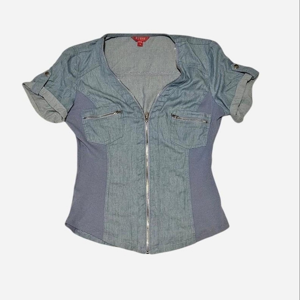 Guess Blue Denim Zip-Up Blouse